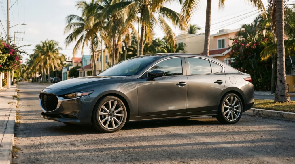 Auto con ventanas polarizadas con película cerámica bajo el sol de Cancún
