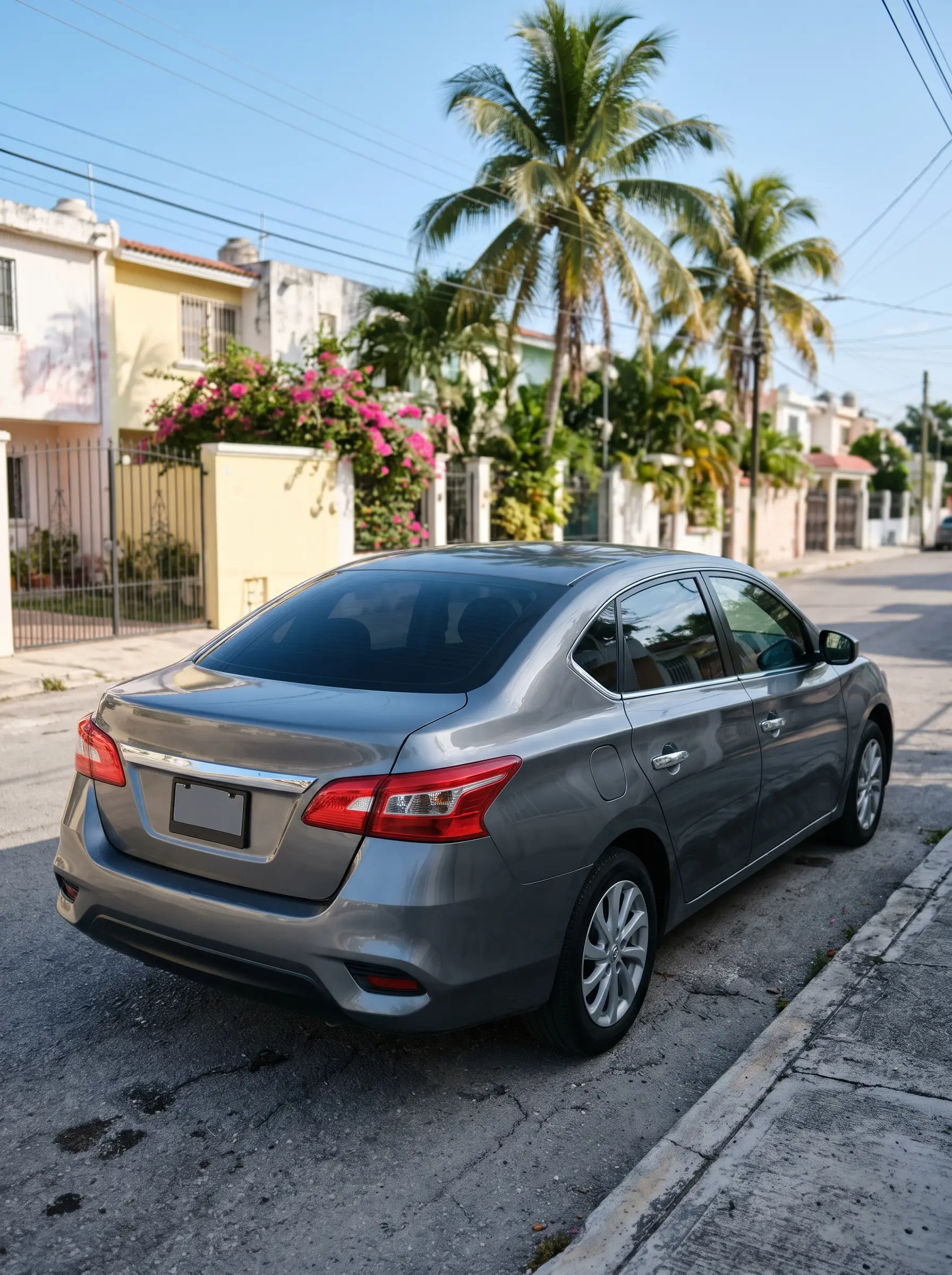 Auto con ventanas delanteras en tono claro y traseras en tono oscuro estacionado en una calle de Cancún