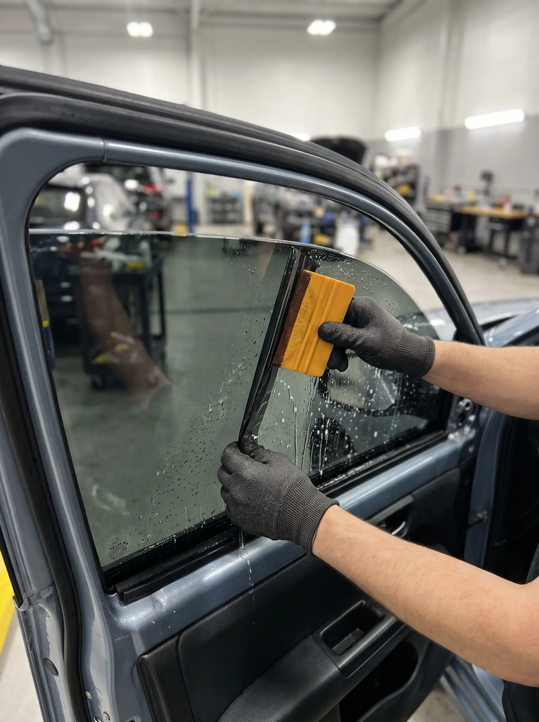 Instalador aplicando película cerámica en la ventana lateral de un auto